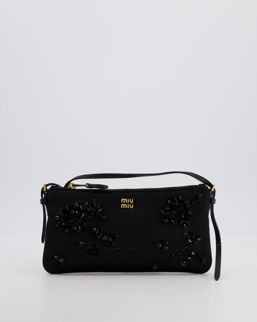 Miu Miu Black Silk Beaded Embroidered Shoulder Bag with Gold Hardware