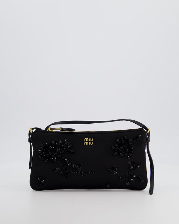 Miu Miu Black Silk Beaded Embroidered Shoulder Bag with Gold Hardware