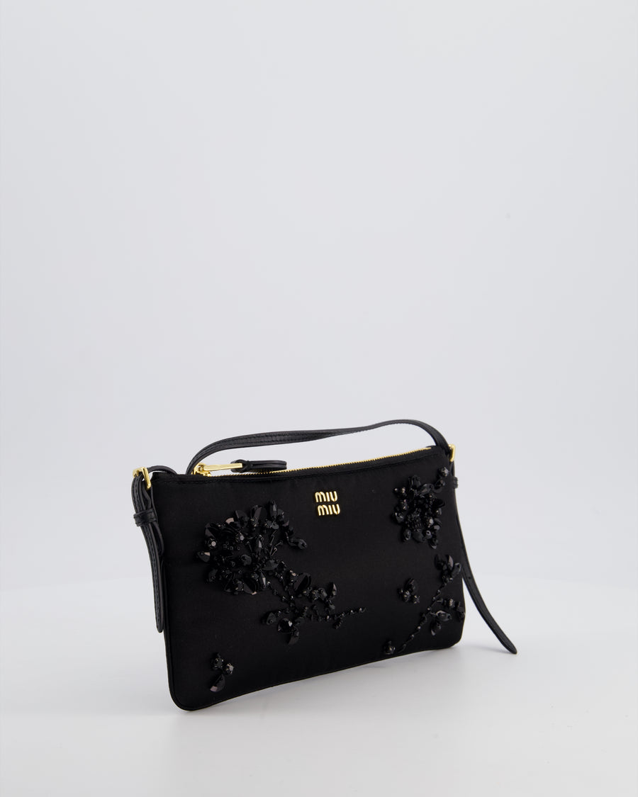 Miu Miu Black Silk Beaded Embroidered Shoulder Bag with Gold Hardware