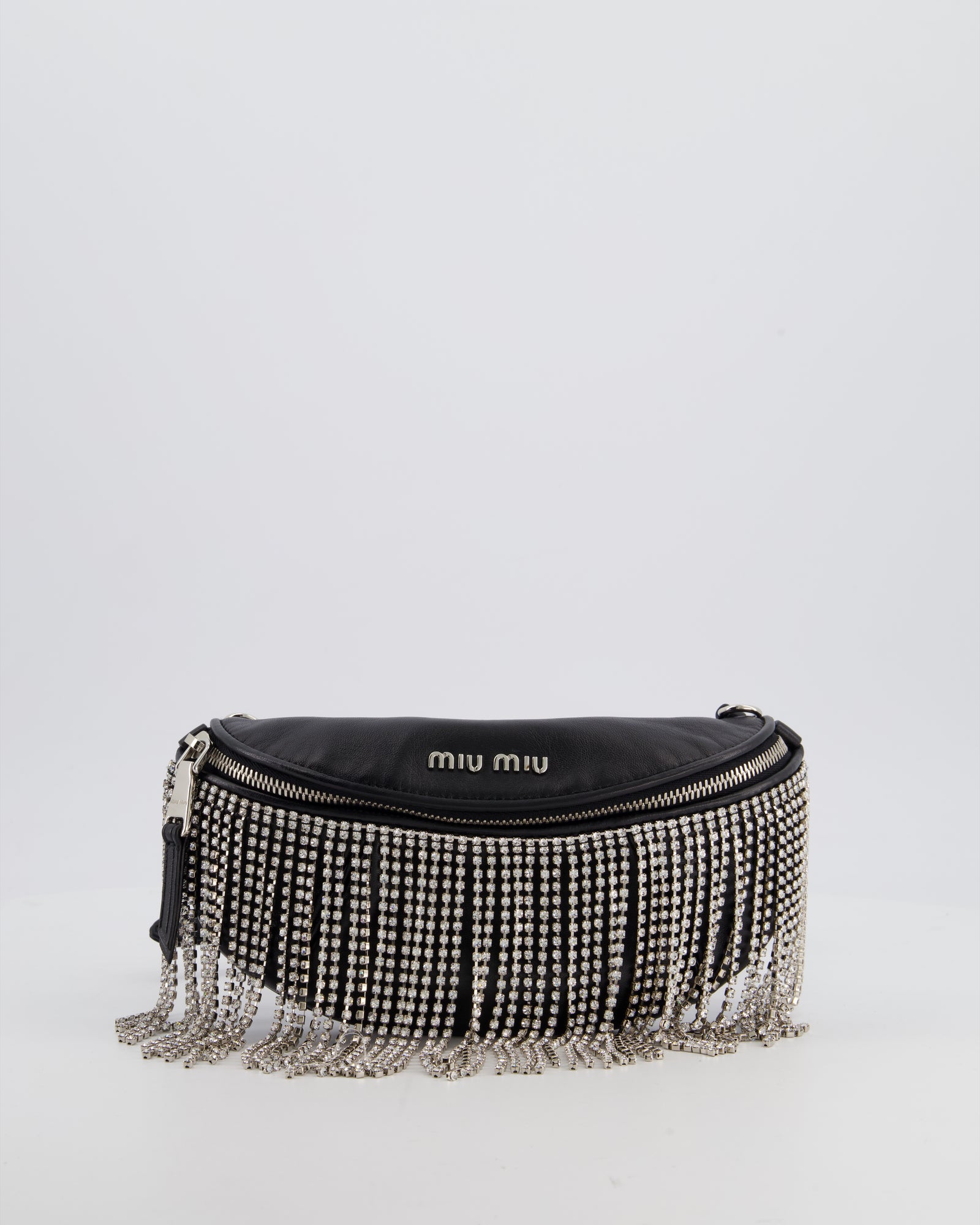 Miu Miu Black Leather Bum Bag with Crystal Tassels and Logo