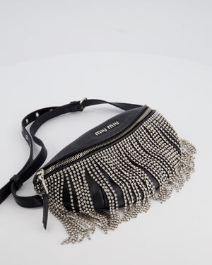 Miu Miu Black Leather Bum Bag with Crystal Tassels and Logo Details