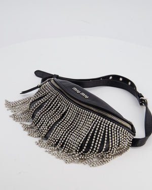 Miu Miu Black Leather Bum Bag with Crystal Tassels and Logo Details
