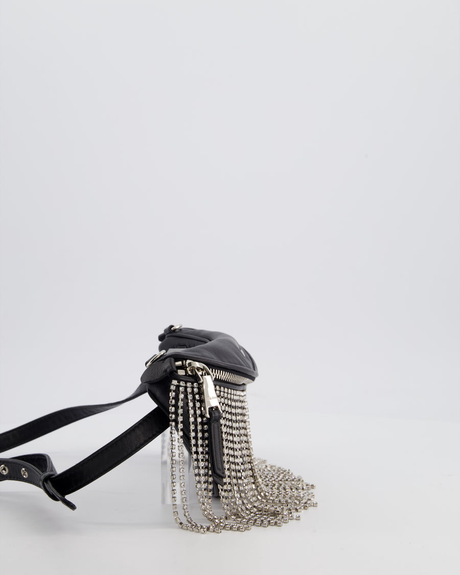 Miu Miu Black Leather Bum Bag with Crystal Tassels and Logo Details