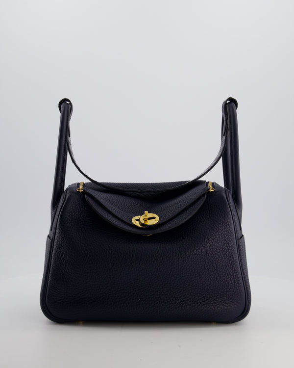 Hermès Lindy 26 Touch Bag in Bleu Nuit and Blue Marine Clemence Leather with Crocodile Niloticus Handle and Gold Hardware