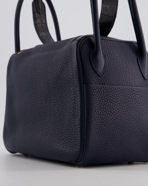 Hermès Lindy 26 Touch Bag in Bleu Nuit and Blue Marine Clemence Leather with Crocodile Niloticus Handle and Gold Hardware