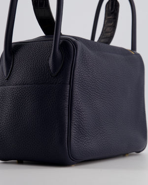 Hermès Lindy 26 Touch Bag in Bleu Nuit and Blue Marine Clemence Leather with Crocodile Niloticus Handle and Gold Hardware