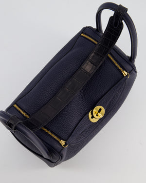 Hermès Lindy 26 Touch Bag in Bleu Nuit and Blue Marine Clemence Leather with Crocodile Niloticus Handle and Gold Hardware