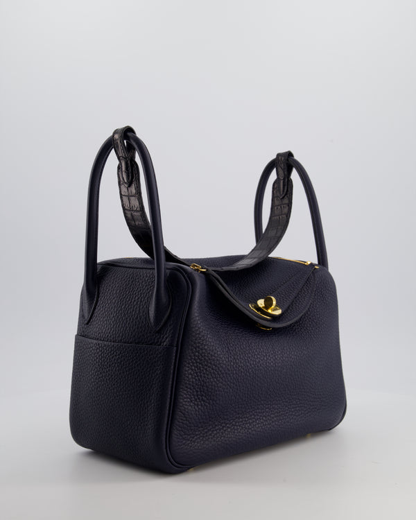Hermès Lindy 26 Touch Bag in Bleu Nuit and Blue Marine Clemence Leather with Crocodile Niloticus Handle and Gold Hardware