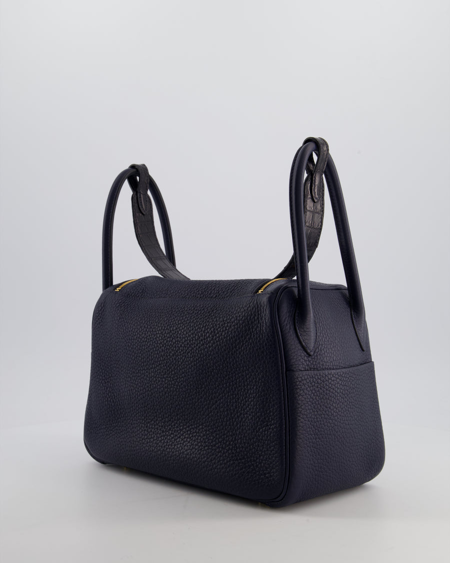 Hermès Lindy 26 Touch Bag in Bleu Nuit and Blue Marine Clemence Leather with Crocodile Niloticus Handle and Gold Hardware