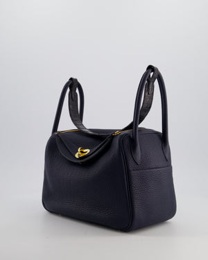 Hermès Lindy 26 Touch Bag in Bleu Nuit and Blue Marine Clemence Leather with Crocodile Niloticus Handle and Gold Hardware