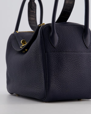 Hermès Lindy 26 Touch Bag in Bleu Nuit and Blue Marine Clemence Leather with Crocodile Niloticus Handle and Gold Hardware