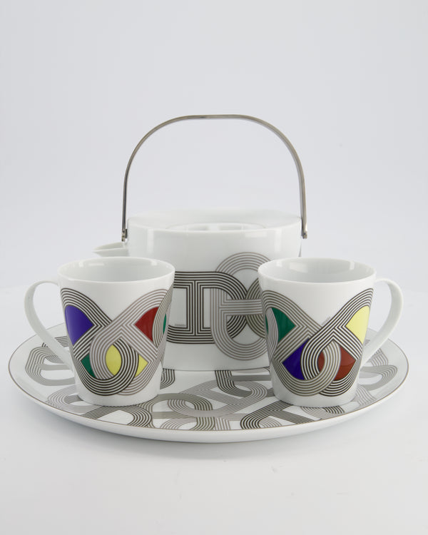Hermès White Théière Rallye 24 Porcelain Teapot, Mugs, and Plate Set