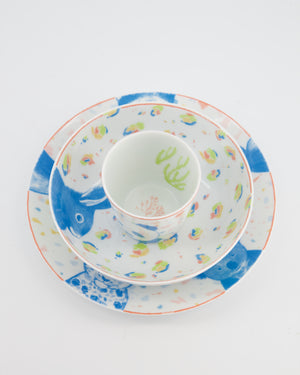 Hermès White Printed "Petits Félins" Tumbler, Bowls and Plate Set