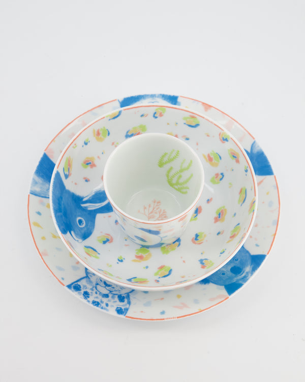 Hermès White Printed "Petits Félins" Tumbler, Bowls and Plate Set