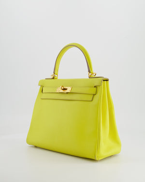 *FIRE PRICE* Hermès Kelly 28 Retourne Bag in Lime Evercolor Leather with Gold Hardware