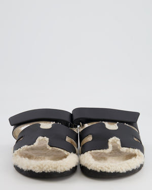 Hermès Chypre Sandals in Black Calfskin Leather and White Shearling Lining Size EU 39