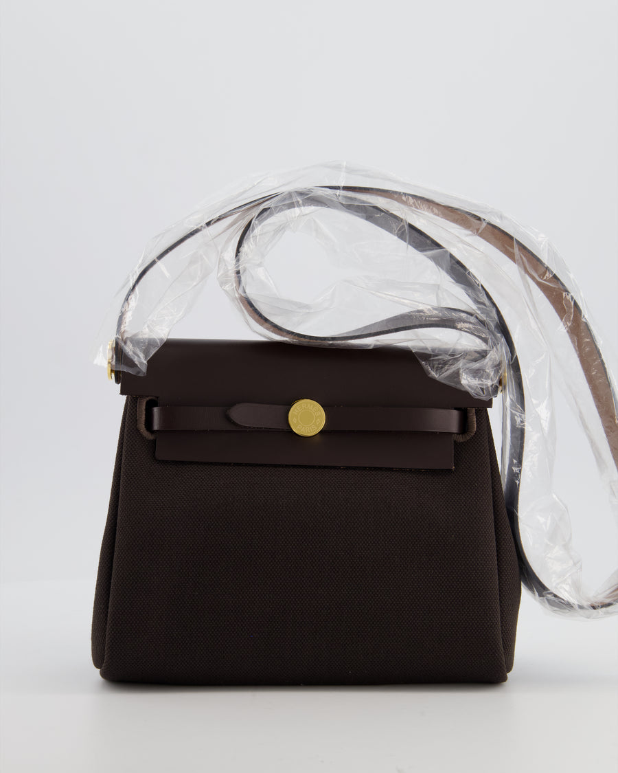 *RARE* Hermès Herbag Zip 20 Bag in Ebene Viking Canvas & Ebene Vache Hunter Leather with Gold Hardware