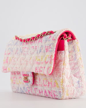 Chanel 2024 White & Pastel Multicolour Tweed Medium Classic Double Flap Bag with Pink, Gold Hardware