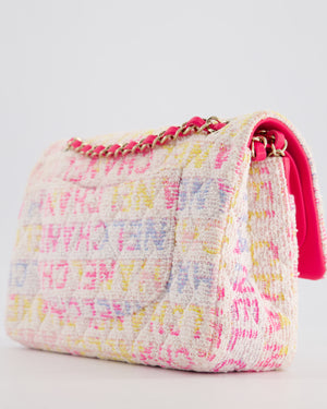 Chanel 2024 White & Pastel Multicolour Tweed Medium Classic Double Flap Bag with Pink, Gold Hardware