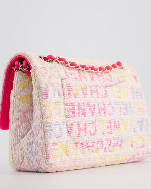 Chanel 2024 White & Pastel Multicolour Tweed Medium Classic Double Flap Bag with Pink, Gold Hardware