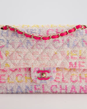 Chanel 2024 White & Pastel Multicolour Tweed Medium Classic Double Flap Bag with Pink, Gold Hardware