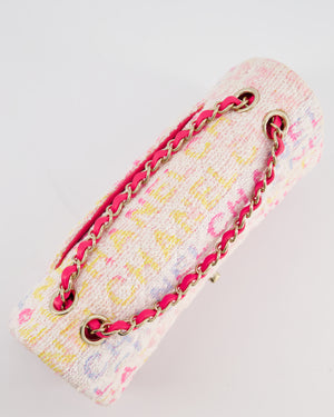 Chanel 2024 White & Pastel Multicolour Tweed Medium Classic Double Flap Bag with Pink, Gold Hardware