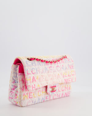 Chanel 2024 White & Pastel Multicolour Tweed Medium Classic Double Flap Bag with Pink, Gold Hardware