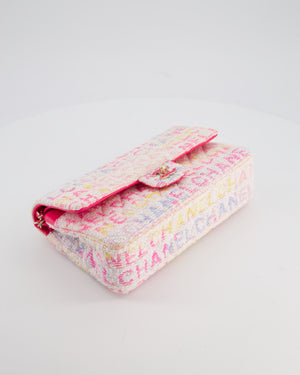 Chanel 2024 White & Pastel Multicolour Tweed Medium Classic Double Flap Bag with Pink, Gold Hardware