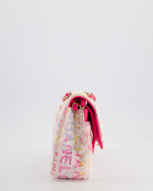 Chanel 2024 White & Pastel Multicolour Tweed Medium Classic Double Flap Bag with Pink, Gold Hardware