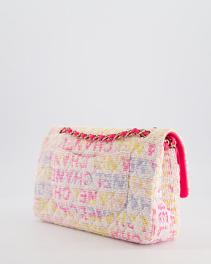 Chanel 2024 White & Pastel Multicolour Tweed Medium Classic Double Flap Bag with Pink, Gold Hardware