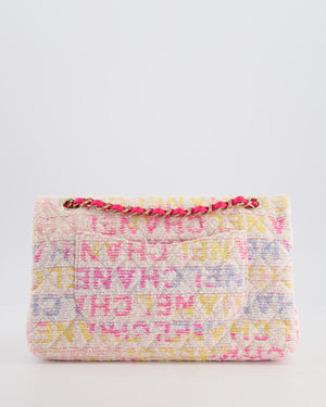 Chanel 2024 White & Pastel Multicolour Tweed Medium Classic Double Flap Bag with Pink, Gold Hardware
