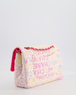 Chanel 2024 White & Pastel Multicolour Tweed Medium Classic Double Flap Bag with Pink, Gold Hardware