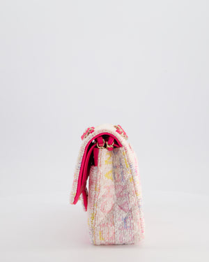 Chanel 2024 White & Pastel Multicolour Tweed Medium Classic Double Flap Bag with Pink, Gold Hardware