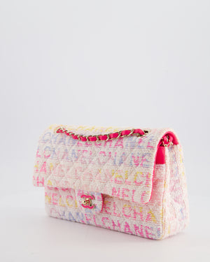Chanel 2024 White & Pastel Multicolour Tweed Medium Classic Double Flap Bag with Pink, Gold Hardware