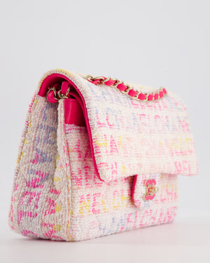 Chanel 2024 White & Pastel Multicolour Tweed Medium Classic Double Flap Bag with Pink, Gold Hardware
