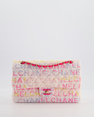 Chanel 2024 White & Pastel Multicolour Tweed Medium Classic Double Flap Bag with Pink, Gold Hardware