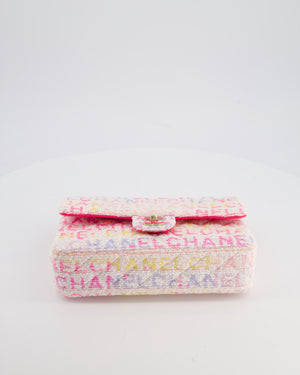Chanel 2024 White & Pastel Multicolour Tweed Medium Classic Double Flap Bag with Pink, Gold Hardware