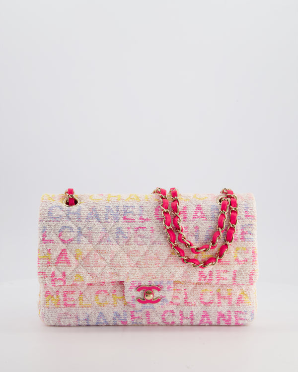 Chanel 2024 White & Pastel Multicolour Tweed Medium Classic Double Flap Bag with Pink, Gold Hardware
