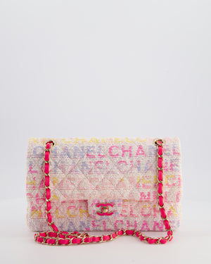 Chanel 2024 White & Pastel Multicolour Tweed Medium Classic Double Flap Bag with Pink, Gold Hardware