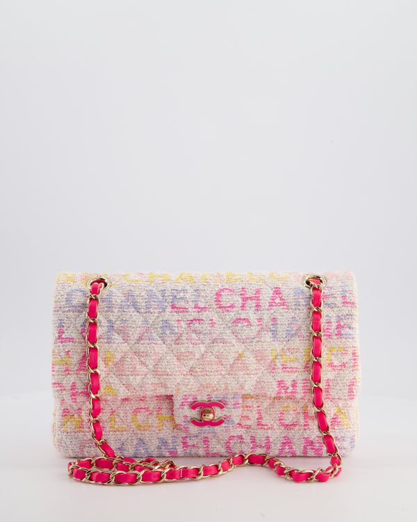 Chanel 2024 White & Pastel Multicolour Tweed Medium Classic Double Flap Bag with Pink, Gold Hardware