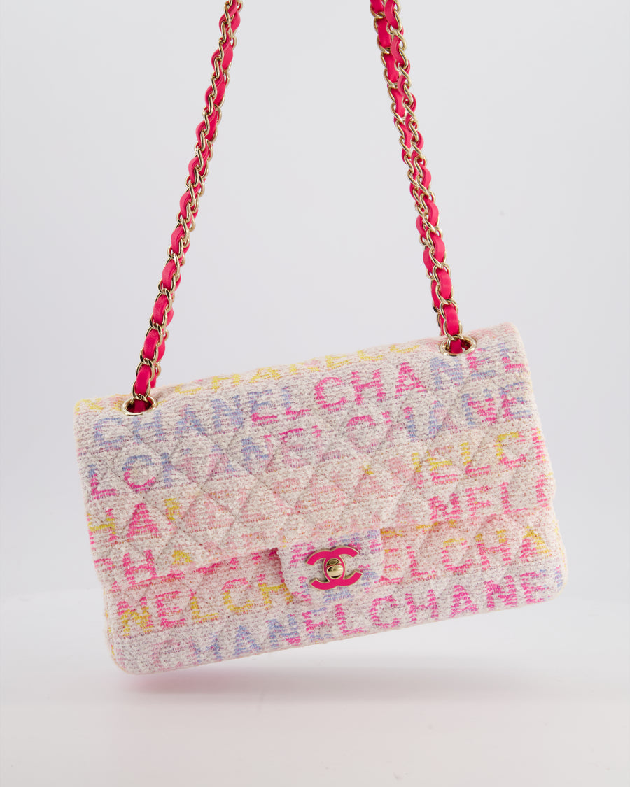 Chanel 2024 White & Pastel Multicolour Tweed Medium Classic Double Flap Bag with Pink, Gold Hardware
