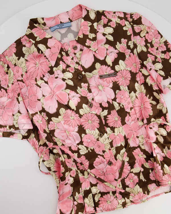 Prada Pink and Brown Floral Satin Short-Sleeve Shirt Size FR 36 (UK 8)