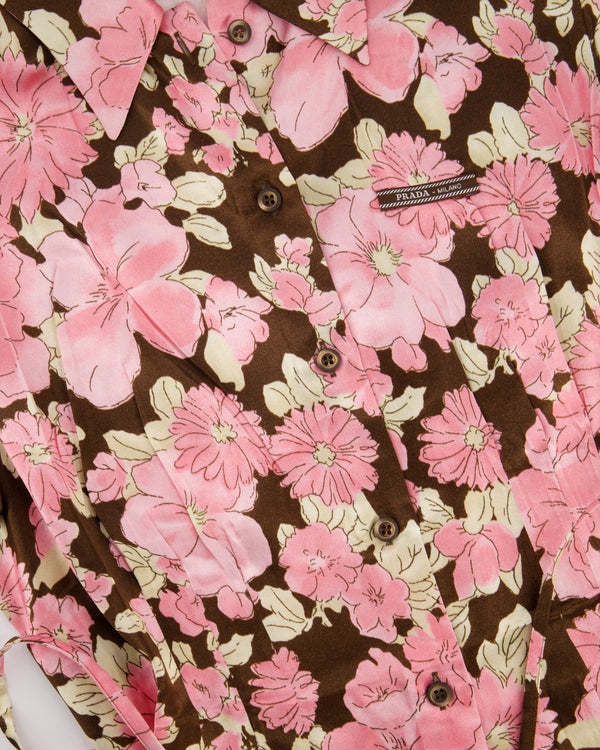 Prada Pink and Brown Floral Satin Short-Sleeve Shirt Size FR 36 (UK 8)