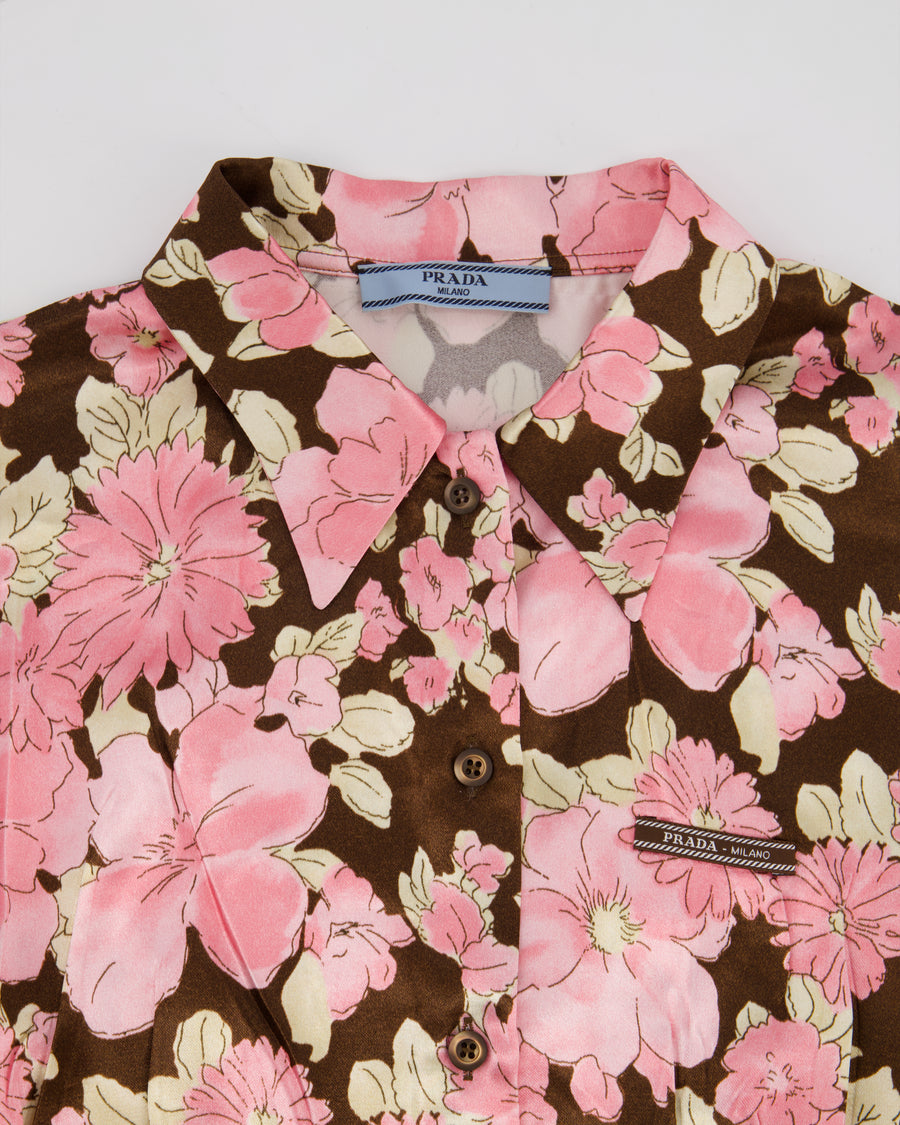 Prada Pink and Brown Floral Satin Short-Sleeve Shirt Size FR 36 (UK 8)