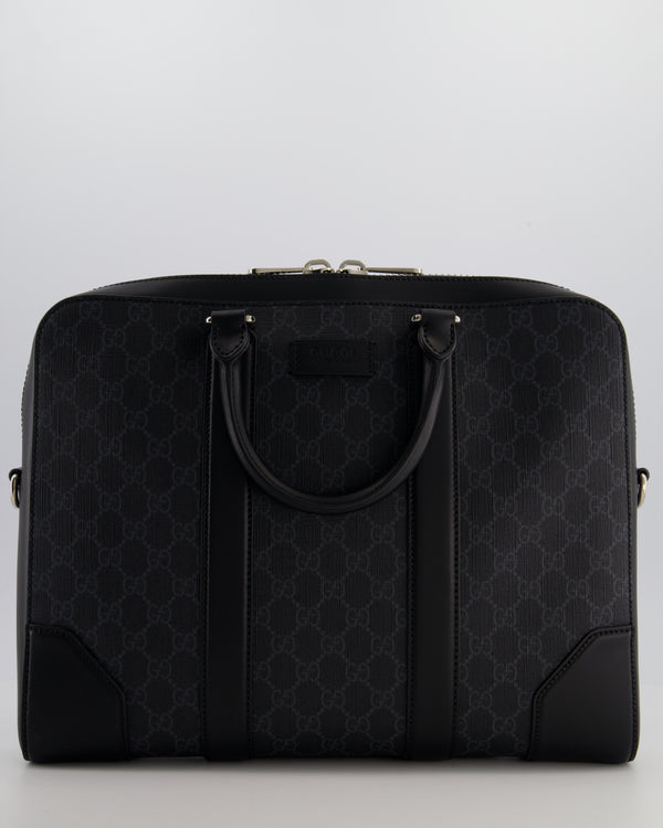 Gucci Black GG Canvas Brief Case Bag with Leather Handles and Trim with Silver Hardware