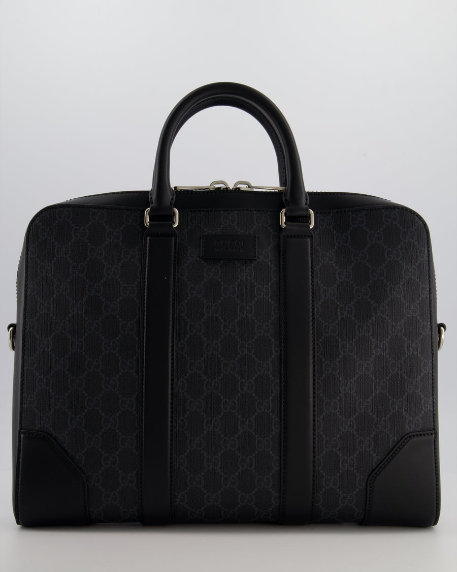 Gucci Black GG Canvas Brief Case Bag with Leather Handles and Trim with Silver Hardware