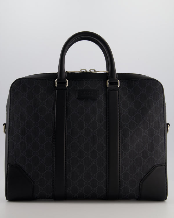 Gucci Black GG Canvas Brief Case Bag with Leather Handles and Trim with Silver Hardware