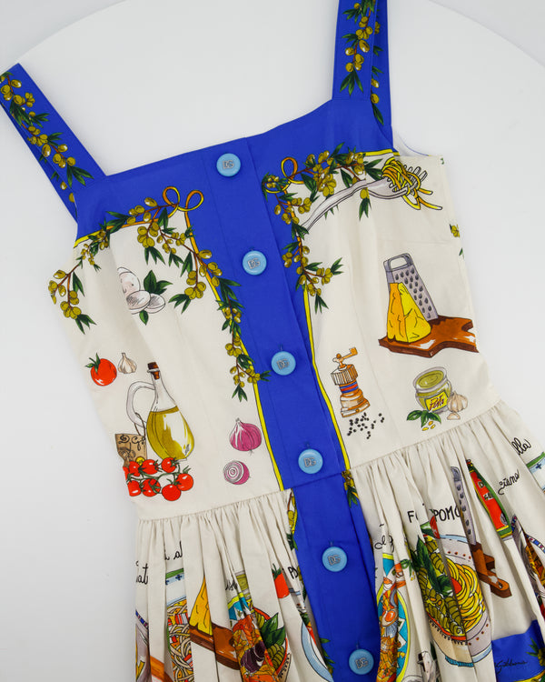 Dolce Gabbana Pasta Print White & Blue Midi Dress Size IT 38 (UK 6)