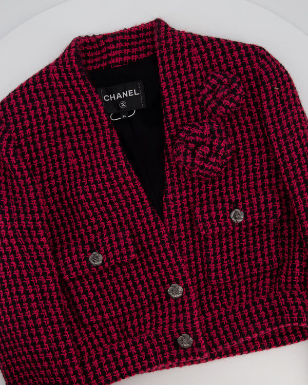 Chanel Black and Pink Tweed Cropped Collarless Jacket with Camellia Buttons and Brooch Detail Size FR 34 (UK 6)