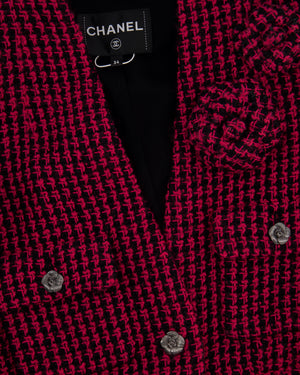 Chanel Black and Pink Tweed Cropped Collarless Jacket with Camellia Buttons and Brooch Detail Size FR 34 (UK 6)